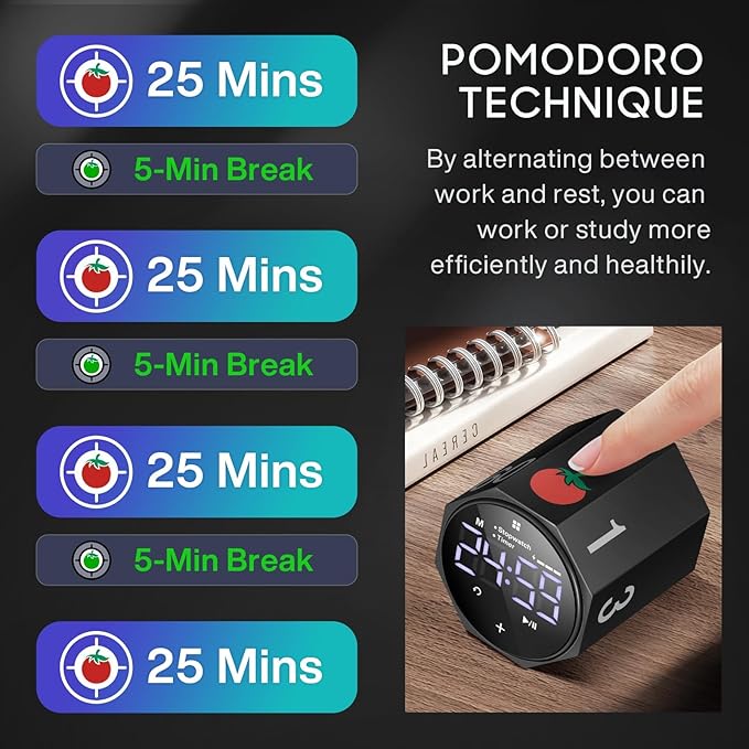 MIAOKE Pomodoro Timer-Aluminum Alloy Frosted Metal LED Large Screen Digital Automatically Rotated Display, Focus Efficient Management on Work and Study, Office, Living Room-Black
