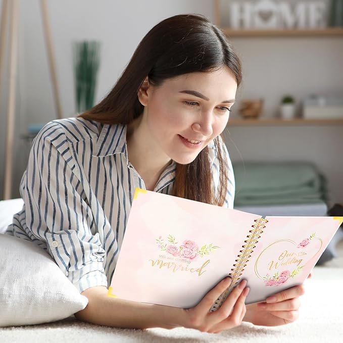 Wedding Planner For Bride-Bridal Wedding Planning binder With 5 Tabbed Sections+Wedding Countdown Calendar,Unique Engagement Gifts For Couples,Pink Love