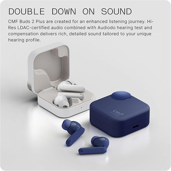 CMF Buds 2 Plus 2025 New Wireless Earbuds Adaptive Noise Cancelling, Hi-Res Audio Bluetooth Headphones, 12mm Drivers for Deep Bass, 50dB ANC 61.5H Playtime, Sport Ear Buds with 6 Mics, Blue