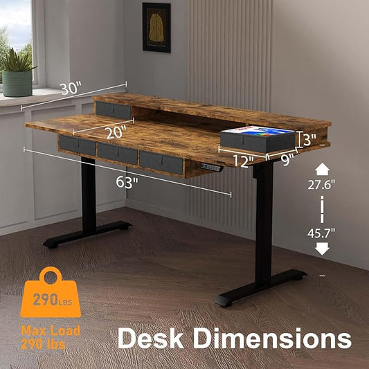 XINYAO Electric Standing Desk with 5 Drawers, 63x30 Inch Extra Wide Height Adjustable Sit Stand Up Desk with Storage Support 290lbs Ergonomic Rising Table with Wheels for Home Office