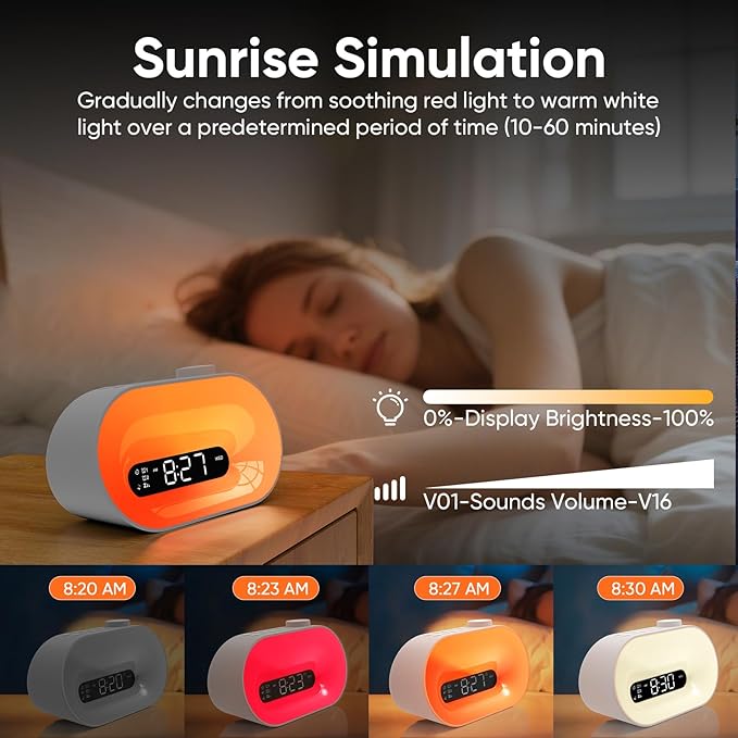 White Noise Sound Machine & Sunrise Alarm Clock, 30 Sleep Sounds, 14 Night Lights, 0-100% Dimmer, Dual Alarm, Sleep Timer, Dimmable Bedside Lamp Wake Up Light for Heavy Sleepers Adults, Kids, Bedrooms
