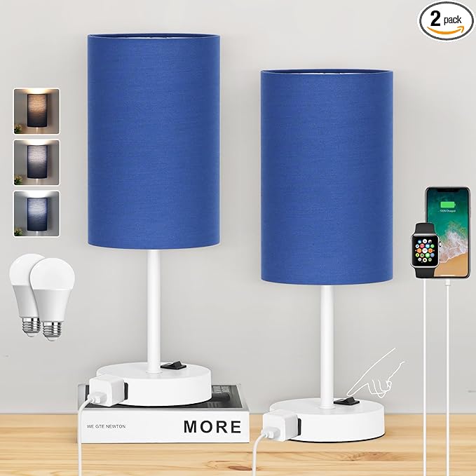 ZJOJO Table Lamp for Bedroom Set of 2, Bedside Small Lamps with 3 Way Dimmable Rocker Switch and AC Outlet, Nightstand Desk Lamp with Blue Fabric Shade White Base for Living Room Home Decor Lights