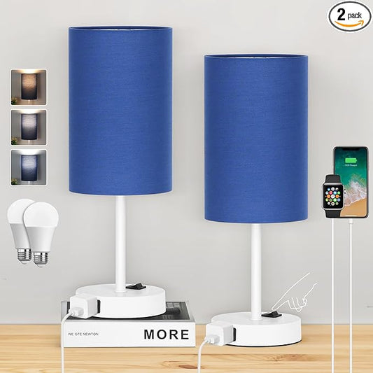 ZJOJO Table Lamp for Bedroom Set of 2, Bedside Small Lamps with 3 Way Dimmable Rocker Switch and AC Outlet, Nightstand Desk Lamp with Blue Fabric Shade White Base for Living Room Home Decor Lights