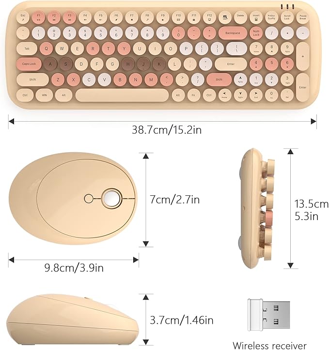 MOFII Wireless Keyboard and Mouse Combo, Retro Typewriter Keyboard with Multi-Media Function Keys and Number Pad Compared for PC Computer Windows 7 8 10 (Milk-Tea Colorful)