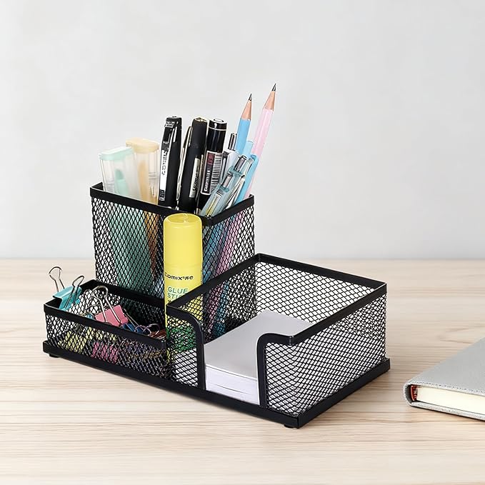 Comix Mesh Pen Pencil Holder Desk Organizer, 3 Compartment Wire Desktop Pen Pencil Cup Caddy Office Supplies Desk Accessories for Home Office School, Black