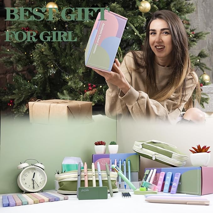 54PCS Aesthetic School Supplies with Large Pencil Case,12 Pastel Highlighters,5 Black & 6 Color Ink Gel Pens, 6-in-1 Ballpoint Pen,5 Mechanical Pencils 0.5-2.0mm Student Essentials (Green)