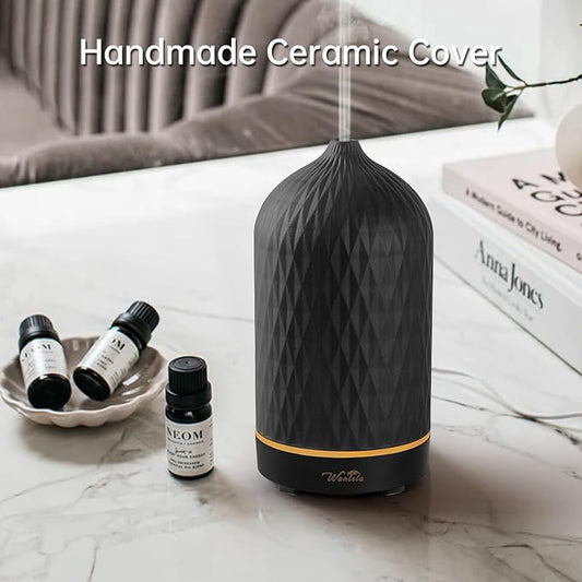 Wanlola Essential Oil Diffuser with Diamond Pattern,120ML Aromatherapy Ceramic Diffusers with Auto Off Function & Warm Light for Home,Decor,Black