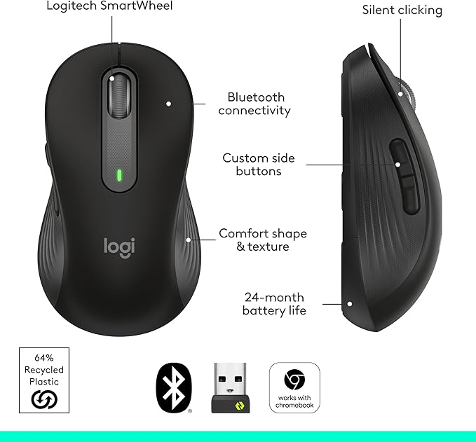 Logitech Wireless Mouse Signature M650 - Small to Medium Sized Hands, Right Handed, 2-Year Battery, Silent Clicks, Customizable Buttons, Bluetooth, PC/Mac?Chromebook - Black