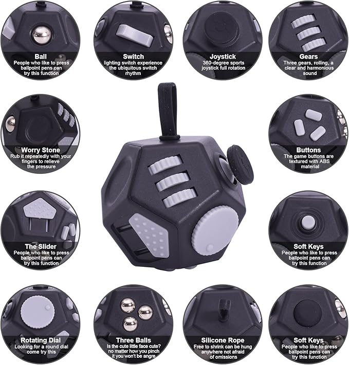 Mini Fidget Toys Cube,12 Sided Cube Toys Relief Stress,Anxiety, Depression,Autism for Kids Adults Improve Focus and Kill Time (Black)