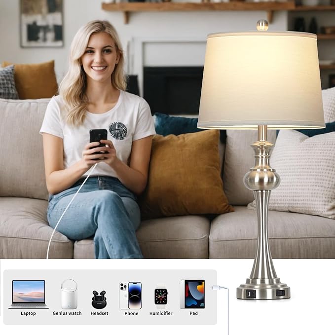 28.75" Silver Table Lamps for Living Room,Touch Lamps for Bedrooms Bedside Lamp 3-Way Dimmable Touch Control, Modern Silver Nightstand Lamp Fabric Shade Mid Century Accent Style(Bulb Inclued)