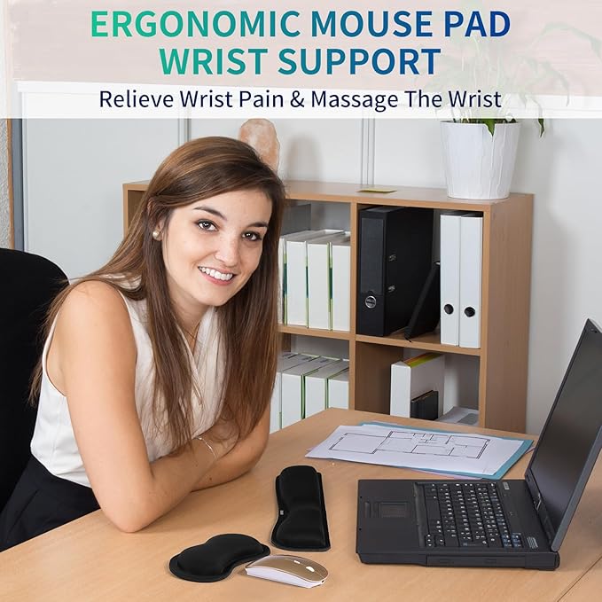 Wrist Rest for Computer Keyboard and Mouse - Ergonomic Memory Foam Mousepad Rests with Non-Slip Base for Office, Gaming, Computer - Pain Relief & Carpal Tunnel Support, Black, 2-Piece Desk Accessories