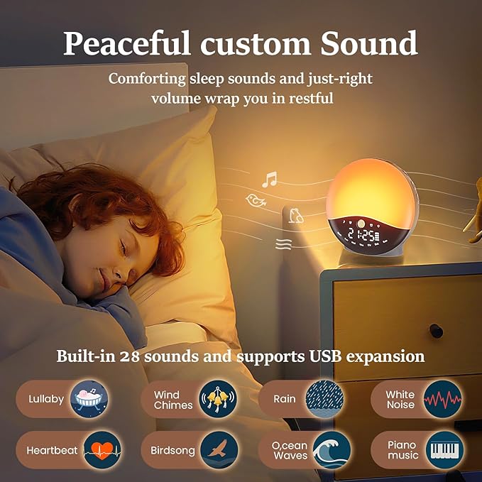 Wake Up Light Sunrise Alarm Clock for Bedrooms, Rechargeable Sound Machine Night Light, 28 Sleep Sounds, 12 Colors, Dual Alarms, White Noise Sound Machine for Baby and Adults