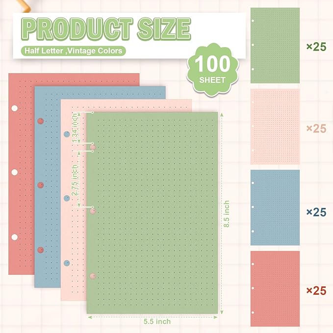 100 Sheets Half Letter 3 Hole Notebook Dot Grid Paper 5-1/2 x 8-1/2 Loose Leaf Paper for Mini Binder Colored Dotted Graph Paper Bulk Dotted Paper Refills for Planner Inserts for School Office