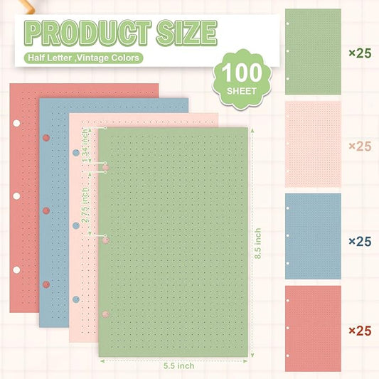 100 Sheets Half Letter 3 Hole Notebook Dot Grid Paper 5-1/2 x 8-1/2 Loose Leaf Paper for Mini Binder Colored Dotted Graph Paper Bulk Dotted Paper Refills for Planner Inserts for School Office