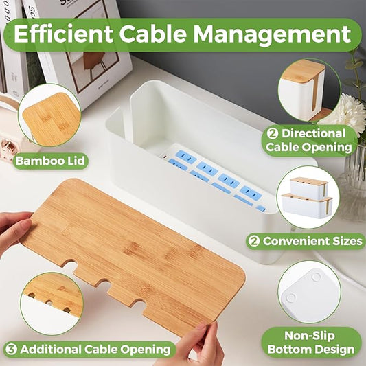 Cable Management Box 2 Pack, Cord Cable Organizer Box with Bamboo Lid, Under Desk Cable Management with 10 Cable Ties and 2 Cable Clip Holders for TV Router Computer USB Hub
