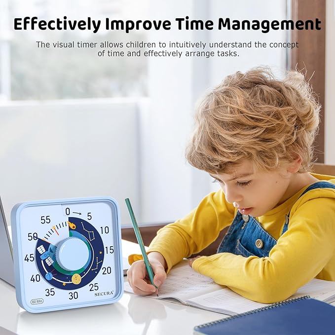 Secura 7.5-Inch Satellite Pattern Visual Timer for Kids, 60-Minute Countdown Timer for Classroom or Kitchen, Durable Mechanical Timer Clock with Magnetic Backing (Light Blue)