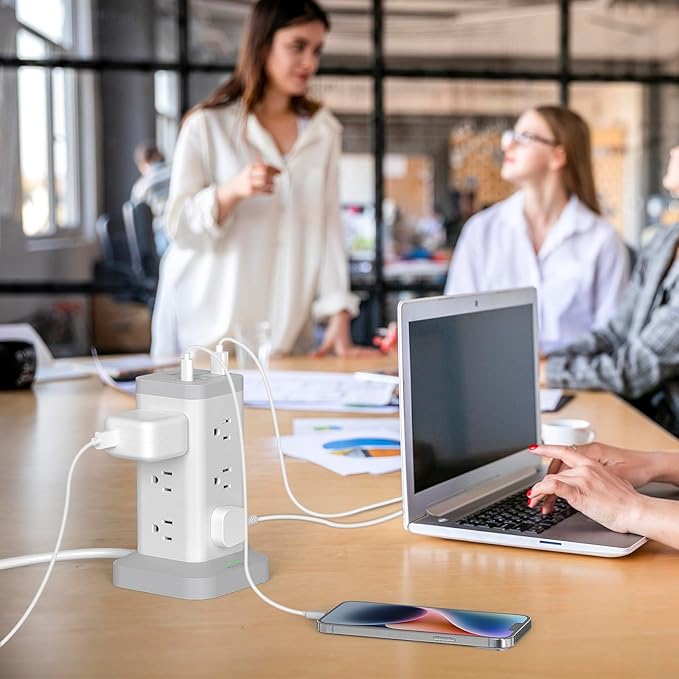 BEVA Power Strip Tower with USB Ports, 6.5 FT Surge Protector Power Tower, 12 AC and 4 USB Ports, 6.5 FT Extension Cord with Multiple Outlets, Office Supplies Office Organization