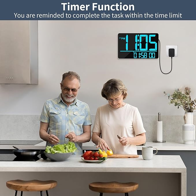 13" Digital Wall Clock Large Display with Remote, 25 Ringtones, Temperature, Calendar, 0-100% Auto or Custom Brightness, 12/24H, DST, Timer, for Living Room, Kitchen, Bedroom, Elderly(Blue)