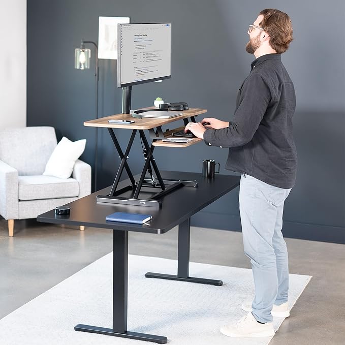 VIVO 42 inch Desk Converter, K Series, Height Adjustable Sit to Stand Riser, Dual Monitor and Laptop Workstation with Wide Keyboard Tray, Reclaimed Wood Top, Black Frame, DESK-V042KP