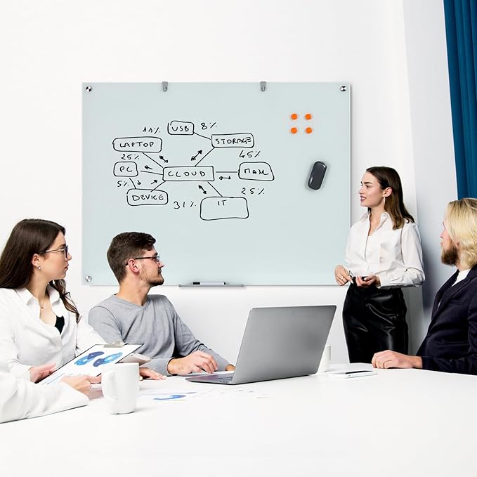 Glass Dry Erase Board, 48 x 36 Inches Magnetic Glass Whiteboard for Wall, 4' x 3' Frameless Board for Office, Home, School