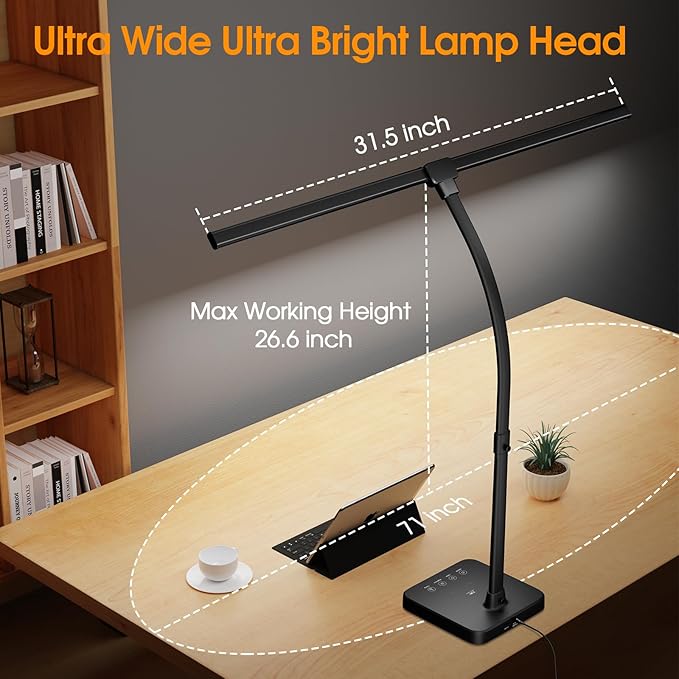 ShineTech LED Desk Lamp for Home Office, 24W Double Head Desk Light with Wireless Charging, USB Port, 25 Lighting Modes Adjustable Gooseneck Lamps