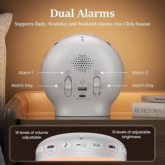 Wake Up Light Sunrise Alarm Clock for Bedrooms, Rechargeable Sound Machine Night Light, 28 Sleep Sounds, 12 Colors, Dual Alarms, White Noise Sound Machine for Baby and Adults