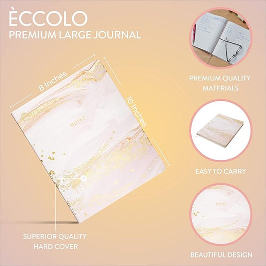 Eccolo Large Lined Journal Notebook, Hardbound Cover, Writing Journal, 256 Ruled White Pages, Ribbon Bookmark, Lay Flat, Desk Size for Work or School, Gold Foil Marble (Pink, 8x10 inches)