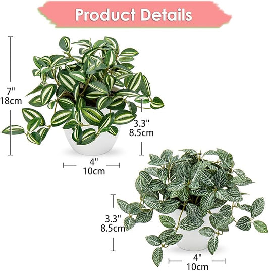 Hollyone Fake Plants 2 Packs Artificial Plants Indoor Faux Plants with White Plastic Pot Small Fake Potted Plant for Home Aesthetic Living Room Bathroom Desk Shelf Office Decor