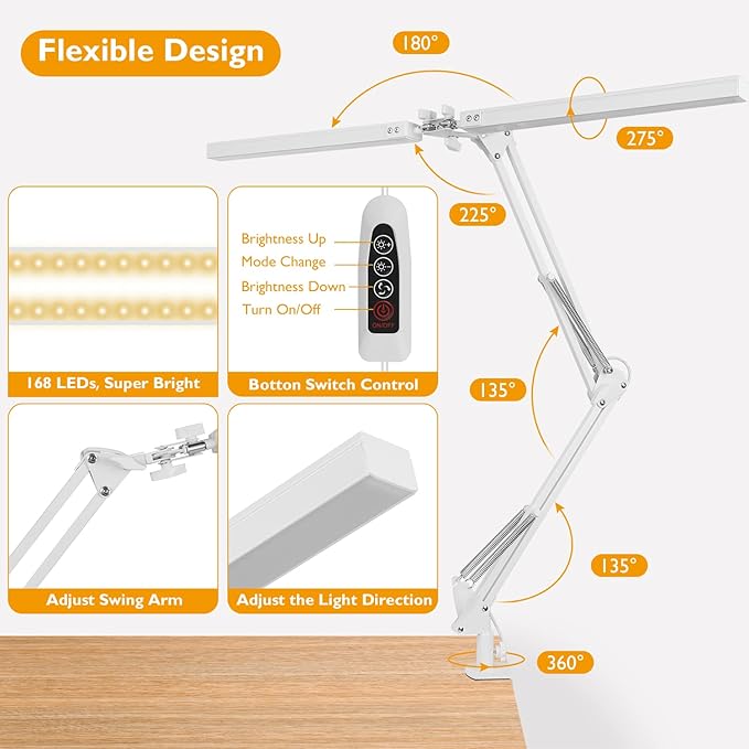 LED Desk Lamp with Clamp, Super Bright Double Head Task Light, 5 Color Modes, 10%~100% Dimmable Brightness, Modern Swing Arm Workbench Light