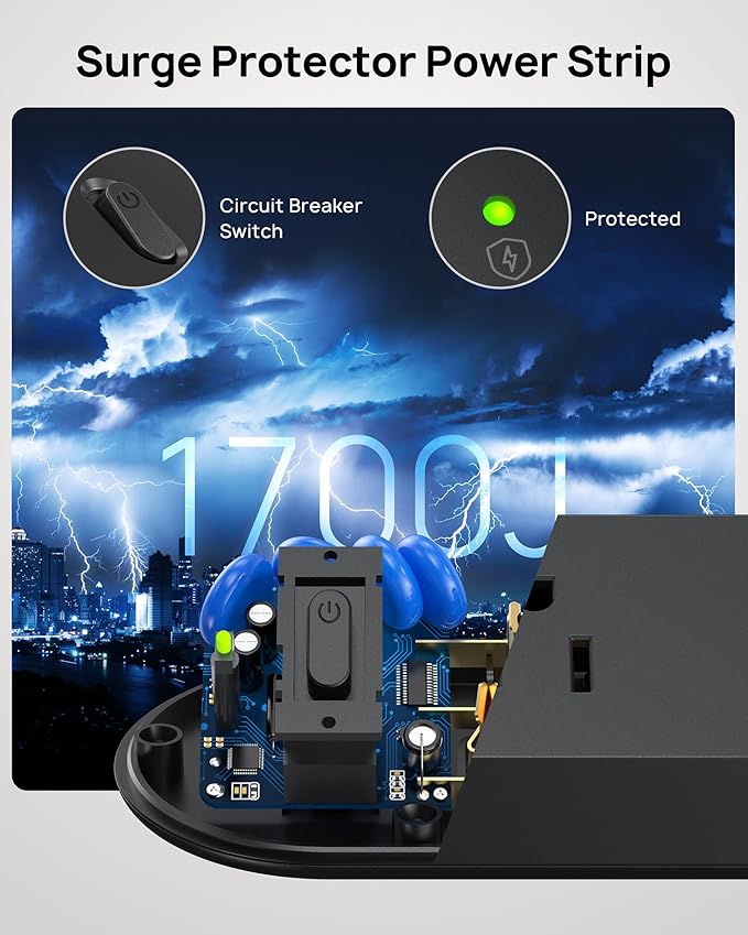 TROND Desk Clamp Power Strip - Surge Protector Power Strip with 5 AC Outlets, Flat Plug 6ft Extension Cord, 1700J, ETL Listed, Fits 1.97 inch Tabletop Edge, for Home Office Desk Accessories, Black