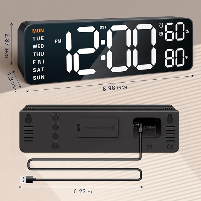 10" Digital Wall Clock: Dual Alarm Wall Mount Decor Clock for Living Room Classroom Office Desk, House Warming Gifts New Home Decor, Gift for Mom Dad Seniors Teen White
