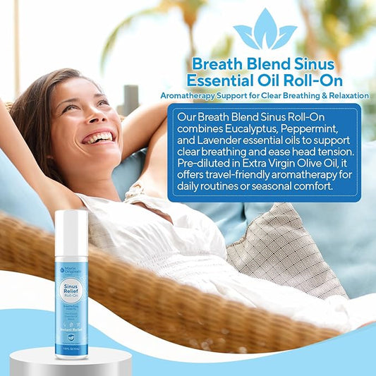 Marie Originals Breathe Blend Essential Oils Sinus Roll on | Natural Eucalyptus, Peppermint Lavender Essential Oil Roll on | Aromatherapy Support for Clear Breathing, Head Ease, Relaxation | 10 mL