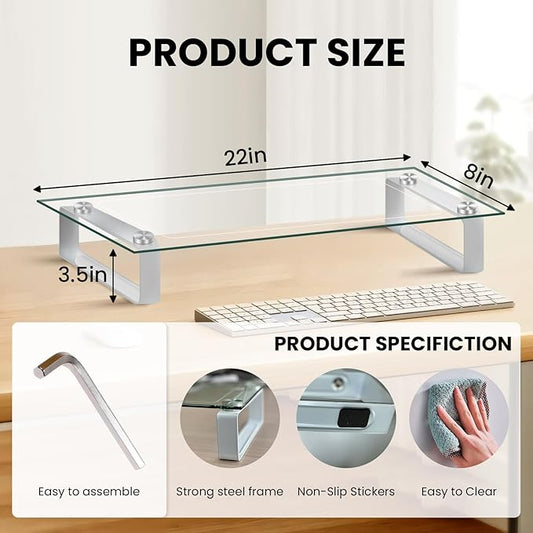 Glass Monitor Stand for Desk, 22Lx8Wx3.5H Inches, Clear Computer Monitor Riser, Large Monitor Stand for Laptop, Desk Organization, Office Supplies