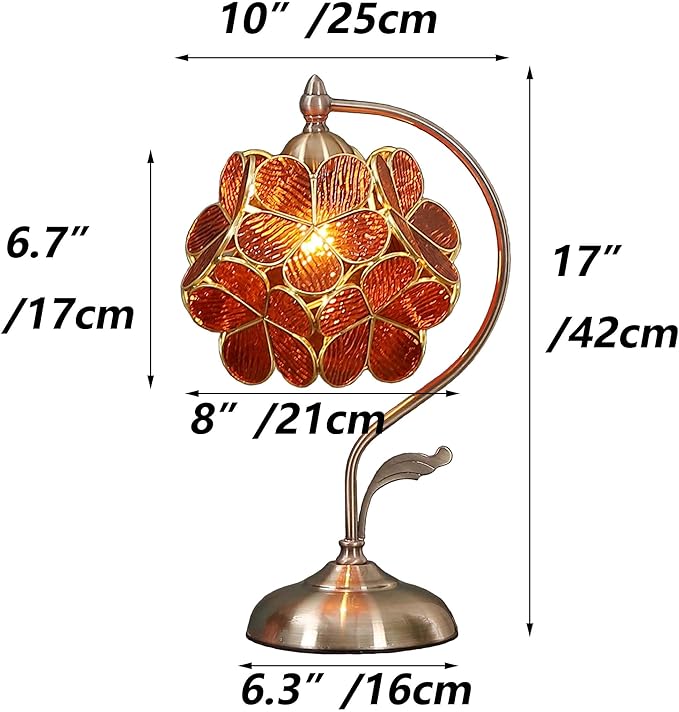 Bieye L10751 Tiffany Style Stained Glass Flower Petal Table Lamp with Brass Base for Home Décor (Amber, 8" Cherry Blossom)