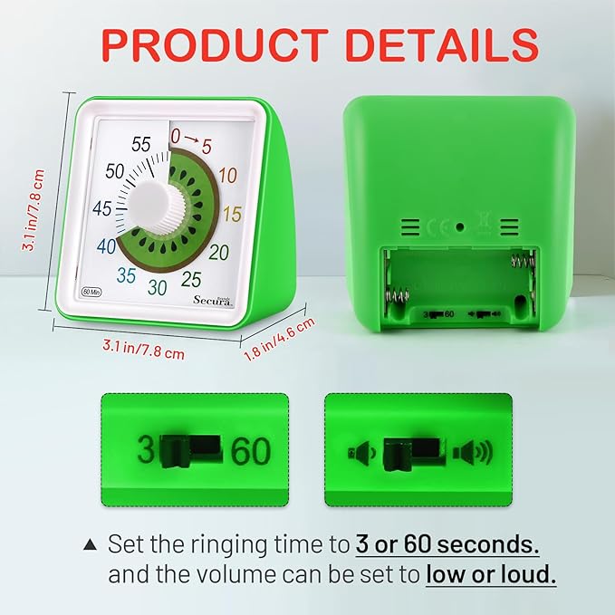 Secura 60-Minute Visual Countdown Timer for Kids & Adults, Classroom Time Management Tool (Green)