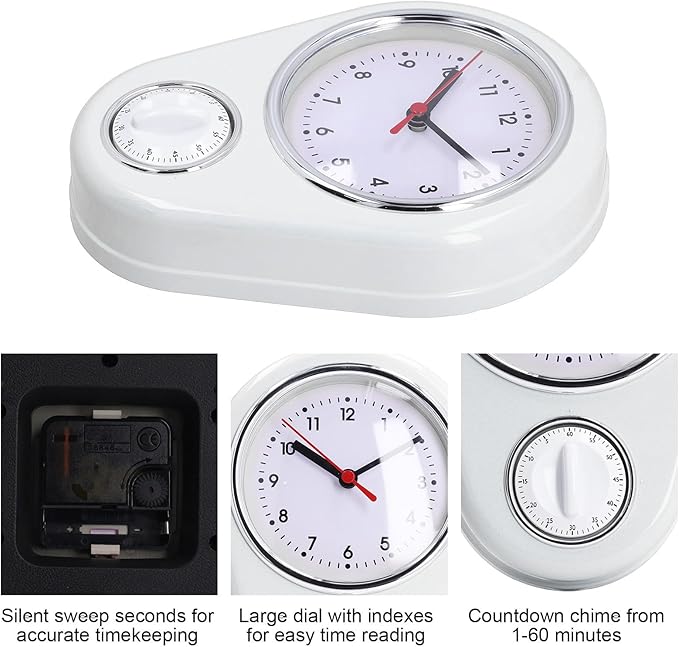 9 Inch Retro Kitchen Timer Wall Clock, Multifunction Innovative Precise Time Silent Operation Quartz Clock for Home Kitchen (White)
