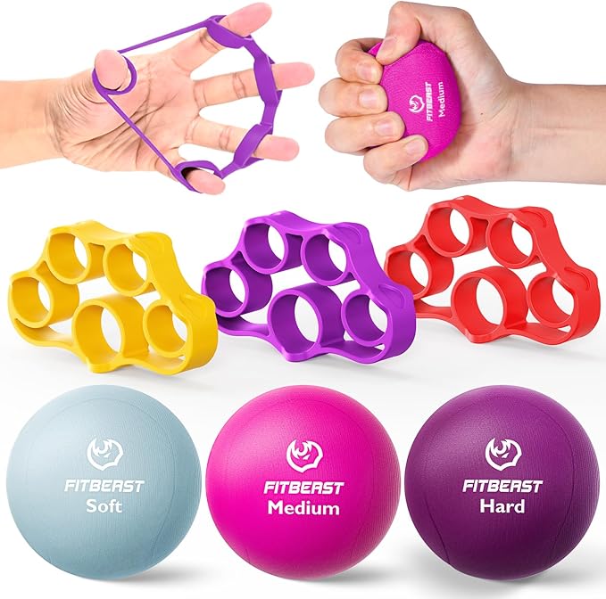 FitBeast Grip Strength Trainer โ 6 Pieces Hand Therapy Kit with Finger Extension Exerciser & Stress Balls for Adults, Rehab & Strength Training โ for Men, Women, and Seniors