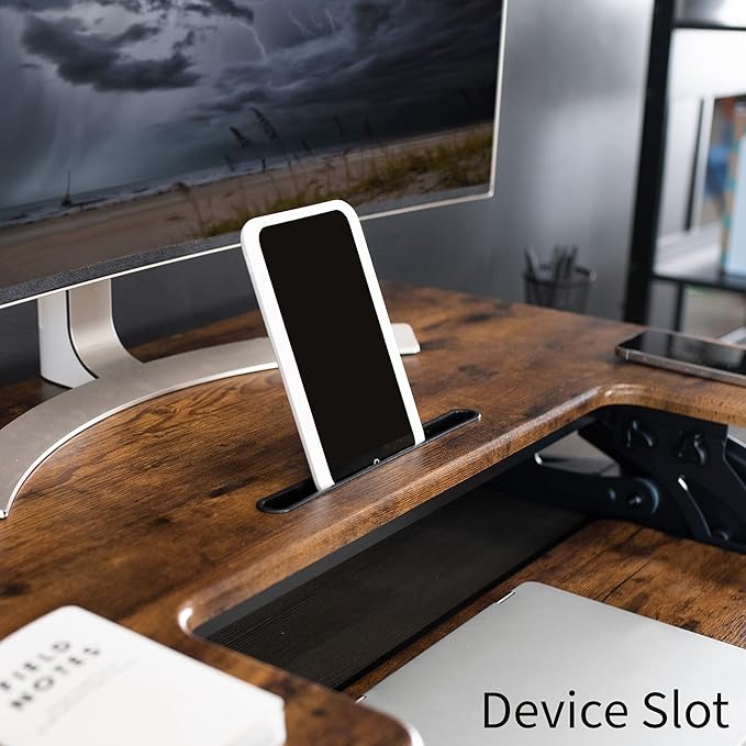 VIVO 42 inch Height Adjustable Stand Up Desk Converter, V Series, Quick Sit to Stand Tabletop Dual Monitor Riser Workstation, Rustic Vintage Brown Top, Black Frame, DESK-V000VLN