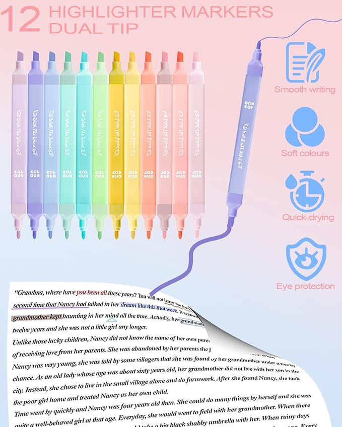 53PCS Aesthetic School Supplies with Large Pencil Case,12 Pastel Highlighters,5 Black & 6 Color Ink Gel Pens,2 Inspirational Stylus Ballpoint Pens,4 Mechanical Pencils 0.5-0.7mm Student Essentials