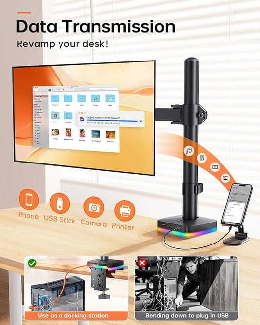 RGB Single Monitor Stand, Fully Adjustable Monitor Desk Mount Sturdy Stepped Arm Design up to 17.6lbs Desk Mount withRGB USB & USB-C High Speed Data Transfer C-Clamp 75x75/100x100 VESA