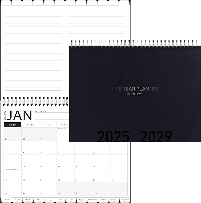 5-Year Calendar Planner, 2025-2029 Monthly Schedule Organizer Flip Calendar Diary with Tabs, Spiral Bound Top, Black, 8 ½” Wide x 11” Long
