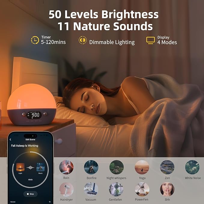 MOMILLA Sunrise Alarm Clock- Bluetooth Speaker with Smart Alarm Clocks for Bedrooms, Alexa & APP Control, 11 White Noise Sound Machine, Sunset Night Light Wake up Light for Kids& Heavy Sleepers