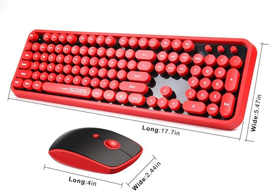 Wireless Keyboard Mouse Combo,2.4GHz Waterproof Keyboard with Round Retro Style Red Key and Optical Wireless Gaming Mouse with 3 Adjustable DPI,Compatible with PC, Computer, Laptop, Desktop, Note-Red