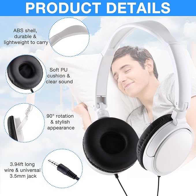 Yunsailing 18 Pack Classroom Headphones Bulk Student Wired Class Headphones Set for Kids School with Individually Wrapped Adjustable Over Ear Head Earbuds(White)