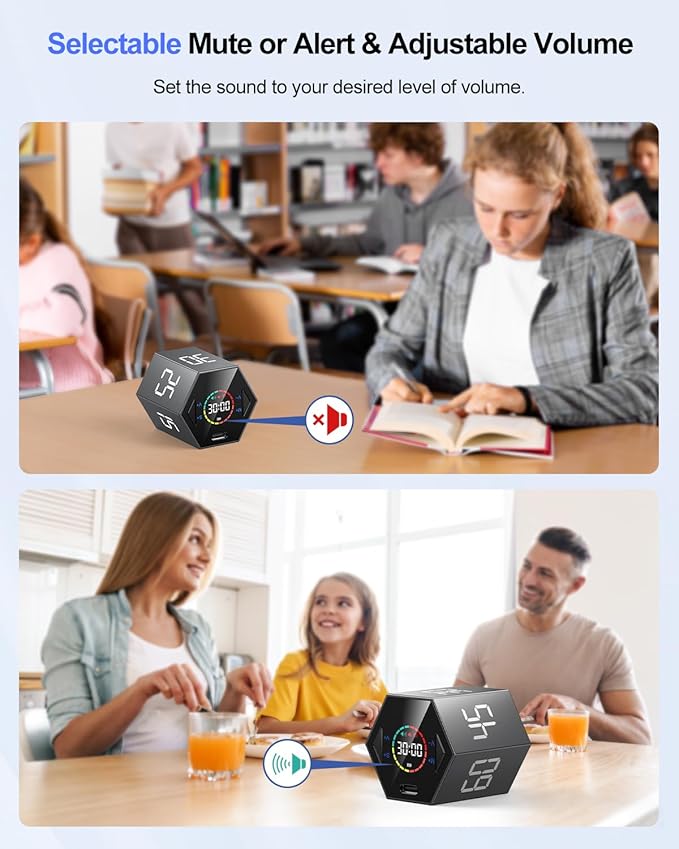 Pomodoro Timer Cube, Hexagon Productivity Timer, Pause & Resume, Silent, Vibrate & Adjustable Sound Alert, for ADHD, Task, Work, Study, 5/15/25/30/45/60min & Custom Countdown,Gray