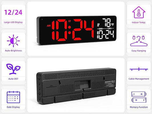 Large LED Digital Wall Clock with Date, Temperature, Auto-Brightness, Auto-DST | Big Digital Clock for Bedroom, Desk, Classroom, Living Room, Kitchen, Office, Gym, Farmhouse, Xmas Gift for Seniors