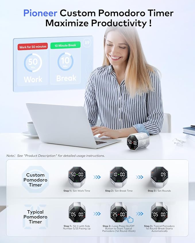 Pomodoro Timer Cube, Custom Pomodoro, Pause & Resume, Silent, Vibrate & Adjustable Sound Alert, for ADHD, Task, Work, Study, 3/5/10/15/30/45/60min & Custom Countdown,Silver
