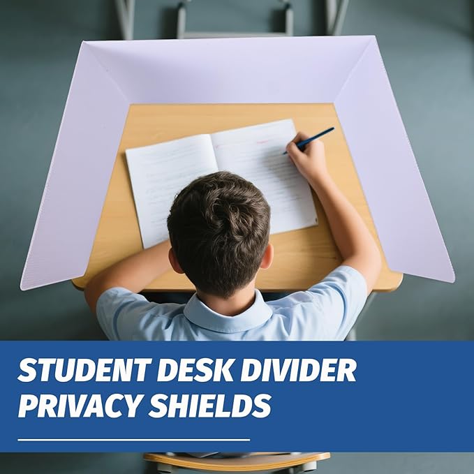 2 Pack Desk Dividers for Students,3-Fold Privacy Screens,Testing Dividers for Classroom Waterproof,Plastic Easy Clean Privacy Shields for Student Includes Extra Labels