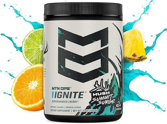 MTN OPS Ignite Energy Drink Powder, Gluten Free Nootropic Supplement Drink Mix, L Arginine, L Citrulline, Caffeine & Nootropic Sugar Free Drink Mix, 45 Servings, Hush Summit Surge
