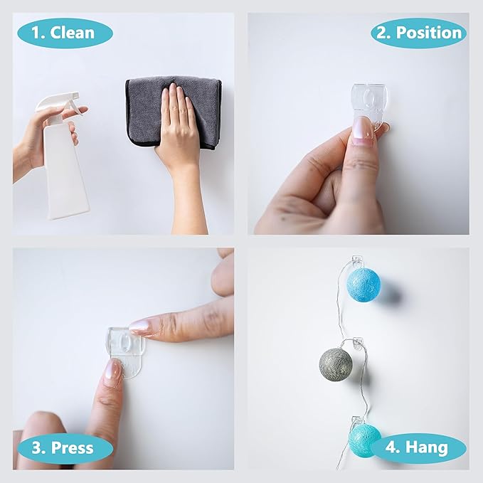 100 Mini Clear Light Clips with 120 Adhesive Strips, Damage-Free Indoor Mini Wall Hooks for Hanging, Removable Clips for Christmas Decoration